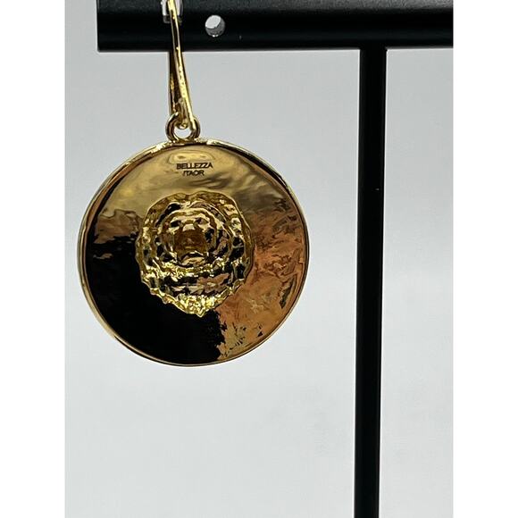 Bellezza Relief Framed Lion's Head Face Black Enamel Greek Key Dangle Earrings - Picture 5 of 11